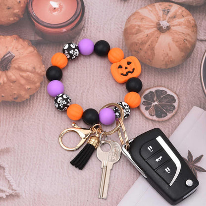 BAOSIWA Silicone Beaded Keychain Wristlet Key Ring Bracelet Halloween Pumpkin Car Key Chain Holder Gifts for Women Girls