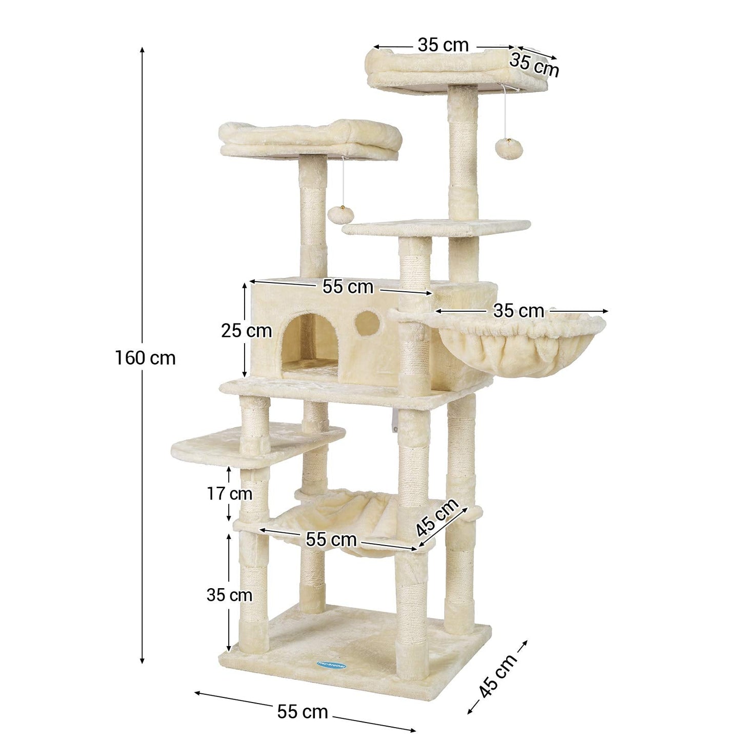 Hey-brother Cat Tree for Large Cats, Cat Tower with Scratching Posts, 2 Padded Plush Perches, Big Condo and Cozy Basket, Beige MPJ025M