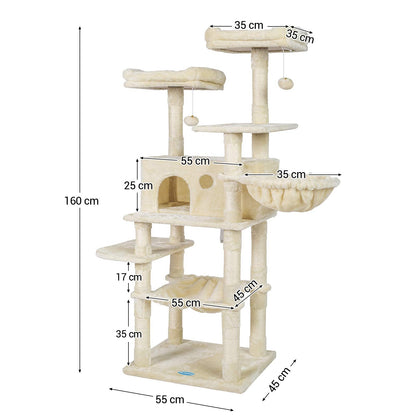 Hey-brother Cat Tree for Large Cats, Cat Tower with Scratching Posts, 2 Padded Plush Perches, Big Condo and Cozy Basket, Beige MPJ025M