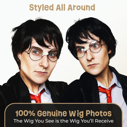 ALLAURA Compatible with Harry Potter Wig – Short Black Boy Wizard Wig & Glasses Set for Kids & Adults – Magical School Costume Accessory for Halloween, Cosplay, Book Week, Fantasy Party Outfits