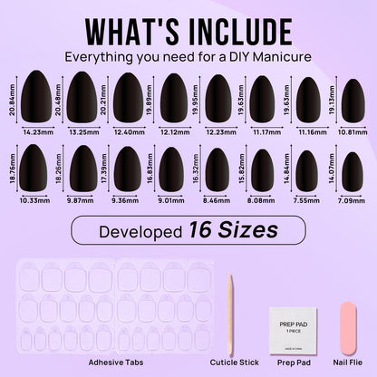 Black Press On Nails Almond - BTArtbox Short Press On Nails with Nail Glue, Fit Perfectly & Natural Reusable Stick On Nails in 16 Sizes - 30PCS Soft Gel Glue On Nails Kit, Black Velvet