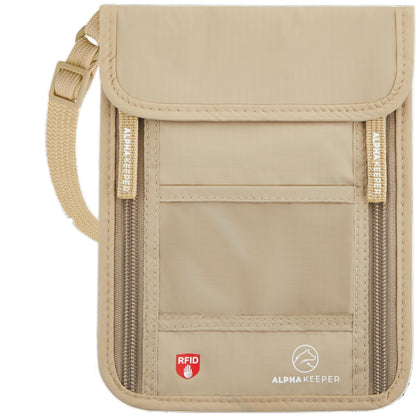 Alpha Keeper Neck Wallet, Travel Pouch For Passport Holder And Documents, RFID Blocking, Beige, Unisex Adult, Travelers, Adults