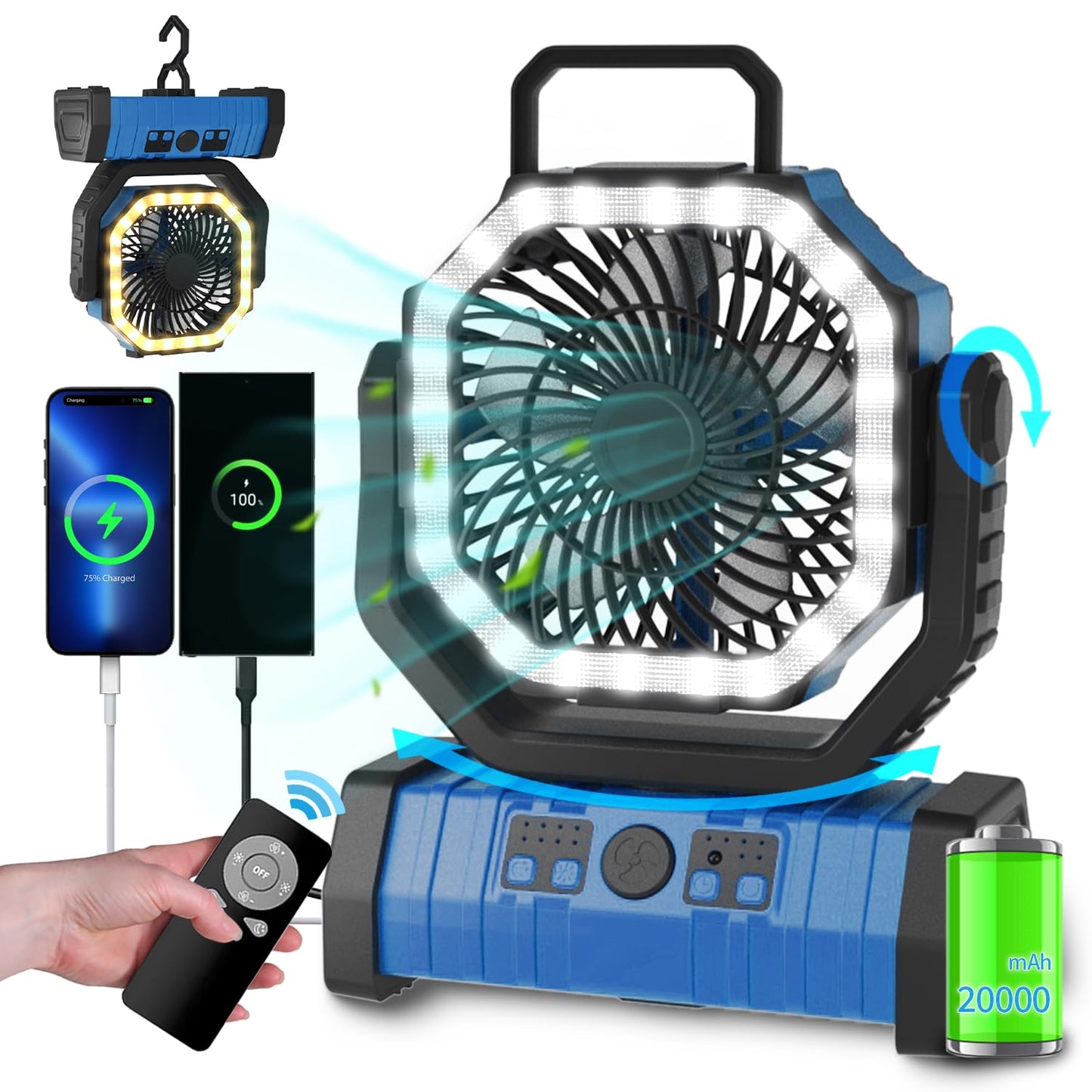 ADUST Camping Fan Battery Operated Powered Fan with LED Lantern Light 20000mAh Rechargeable Portable Oscillating, 360° Rotation Hanging Hook for Tents, Cordless USB Desk Fan(Blue)