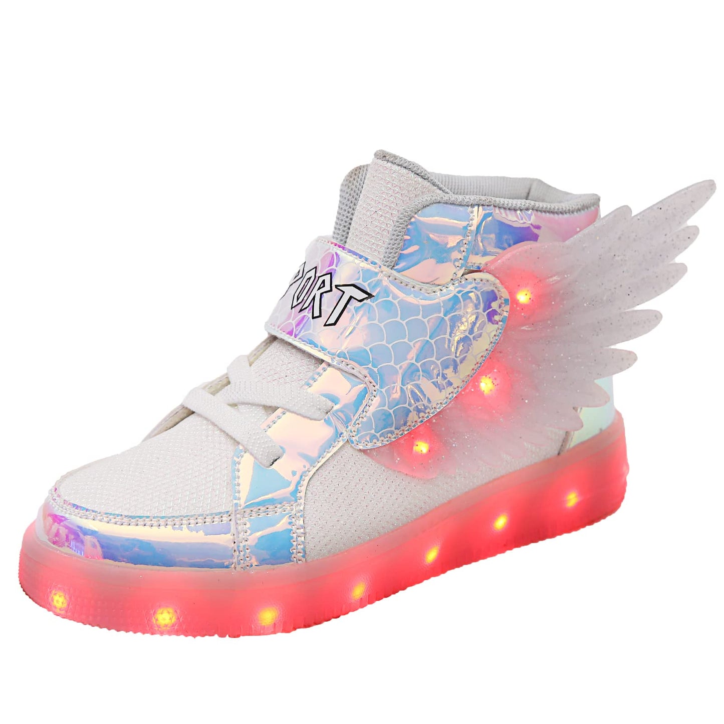 BFOEL Wings Sneakers Kids LED Light up Shoes USB Charging Flashing High-top Sneakers for Boys Girls Child Unisex(3.5 Big Kid White 35)
