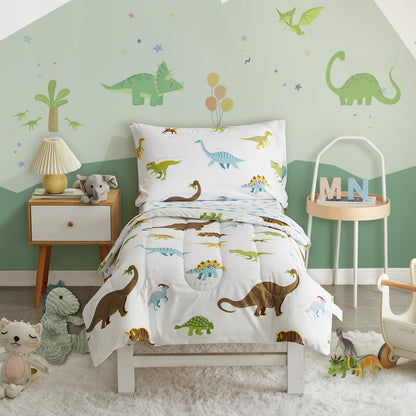 4 Pieces Toddler Bedding Set Dinosaur White with Colorful Dinos and Monsters Toddler Comforter Sheet Set for Autumu and Winter Includes Comforter, Flat Sheet, Fitted Sheet and Pillowcase