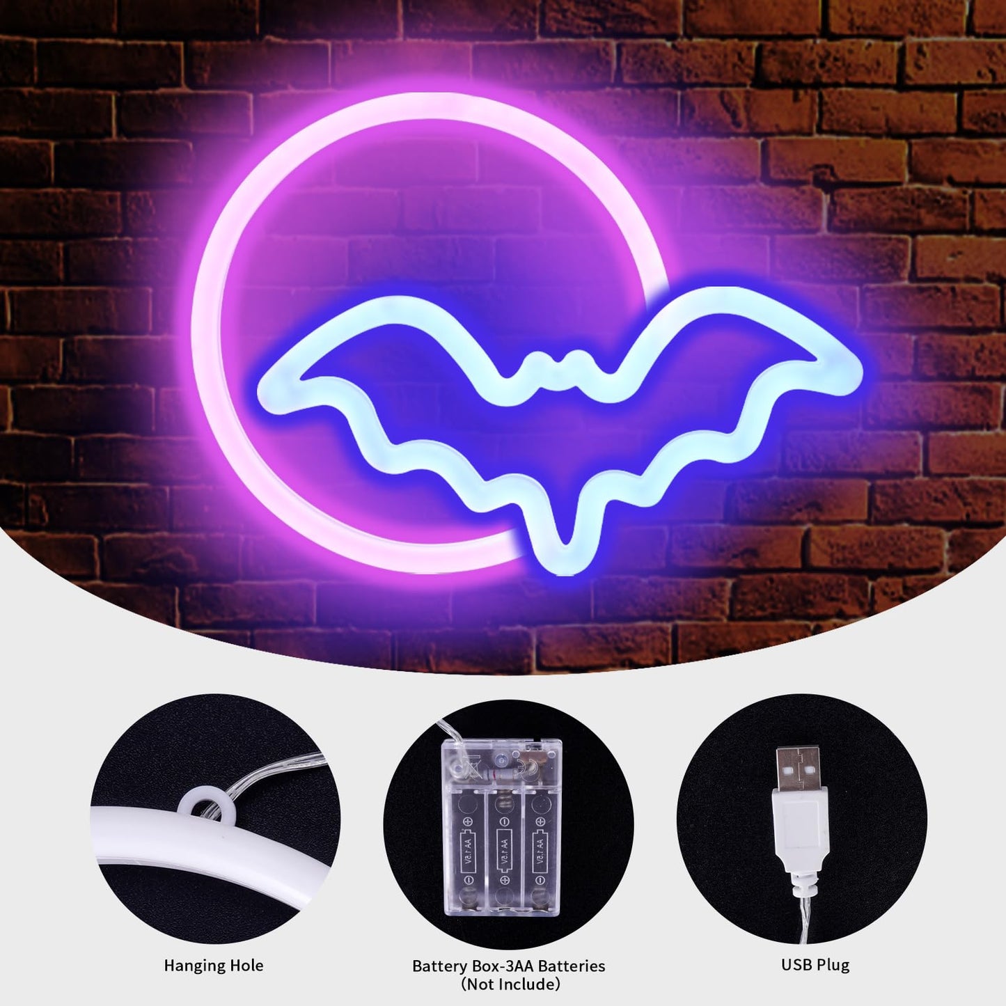 BRIGHTDECK 2 Pack Halloween Neon Signs, White Ghost, Blue Bat Full Moon Neon Lights Decorations, USB/Battery Powered Led Neon Sign for Halloween Wall Decor, Bedroom, Kids Gift, Bar, Party(Full Moon)