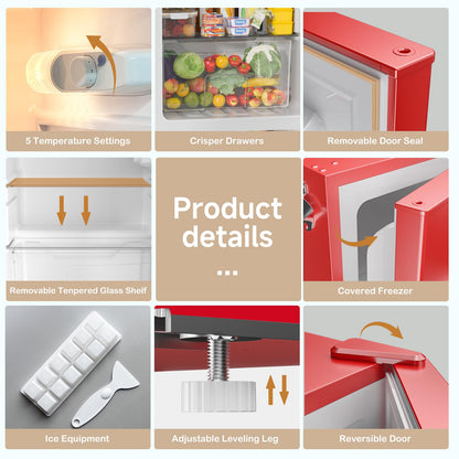 BANGSON Mini Fridge with Freezer, 3.2 CU.FT Small Refrigerator with Freezer, Door Handle, Bottle Opener, For Bedroom, Dorm, Office, Home, Garage or RV, R-600a (Red)