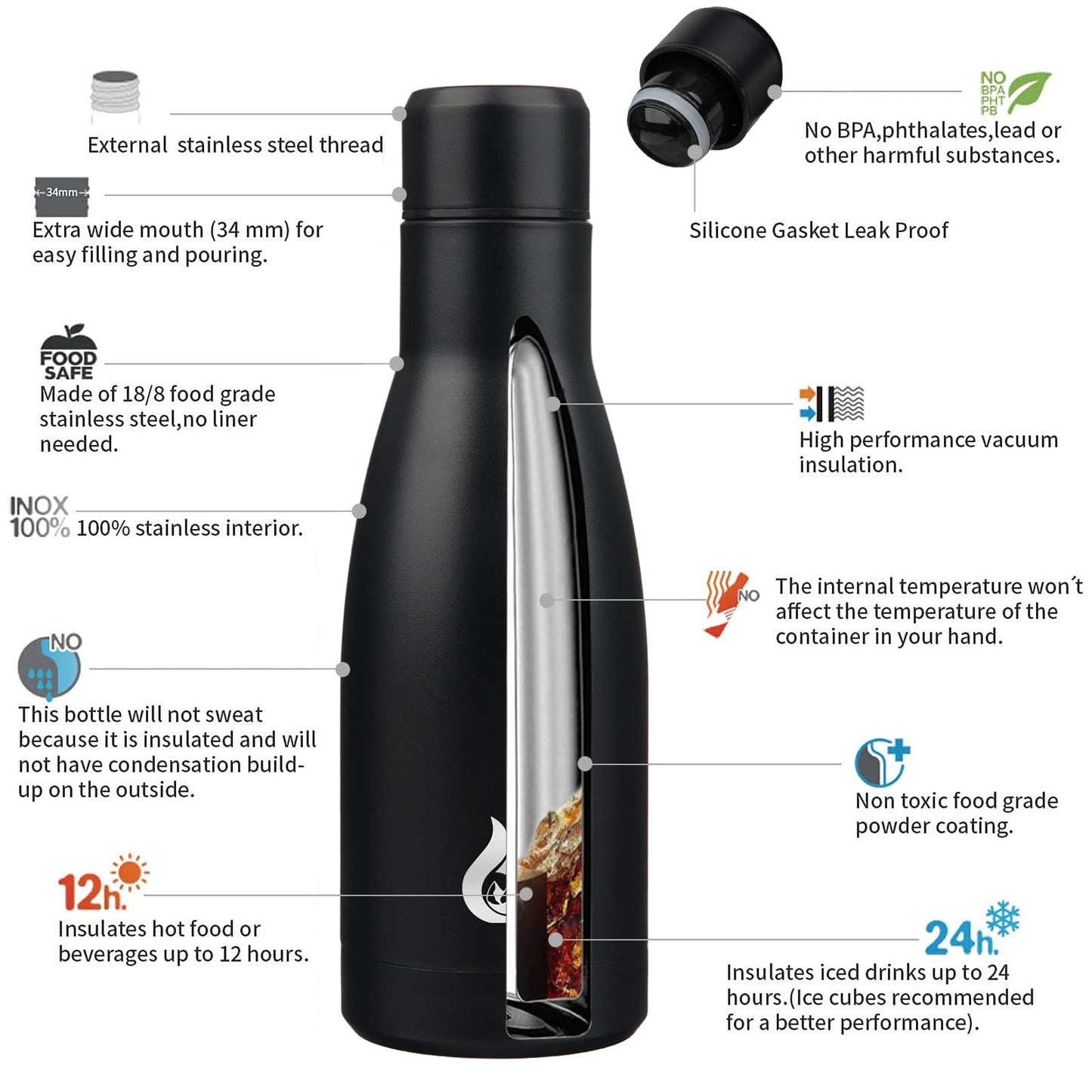 BJPKPK Insulated Water Bottle 12oz Small Stainless Steel Water Bottles Reusable Metal Thermal Keep Cold and Hot,Midnight Black