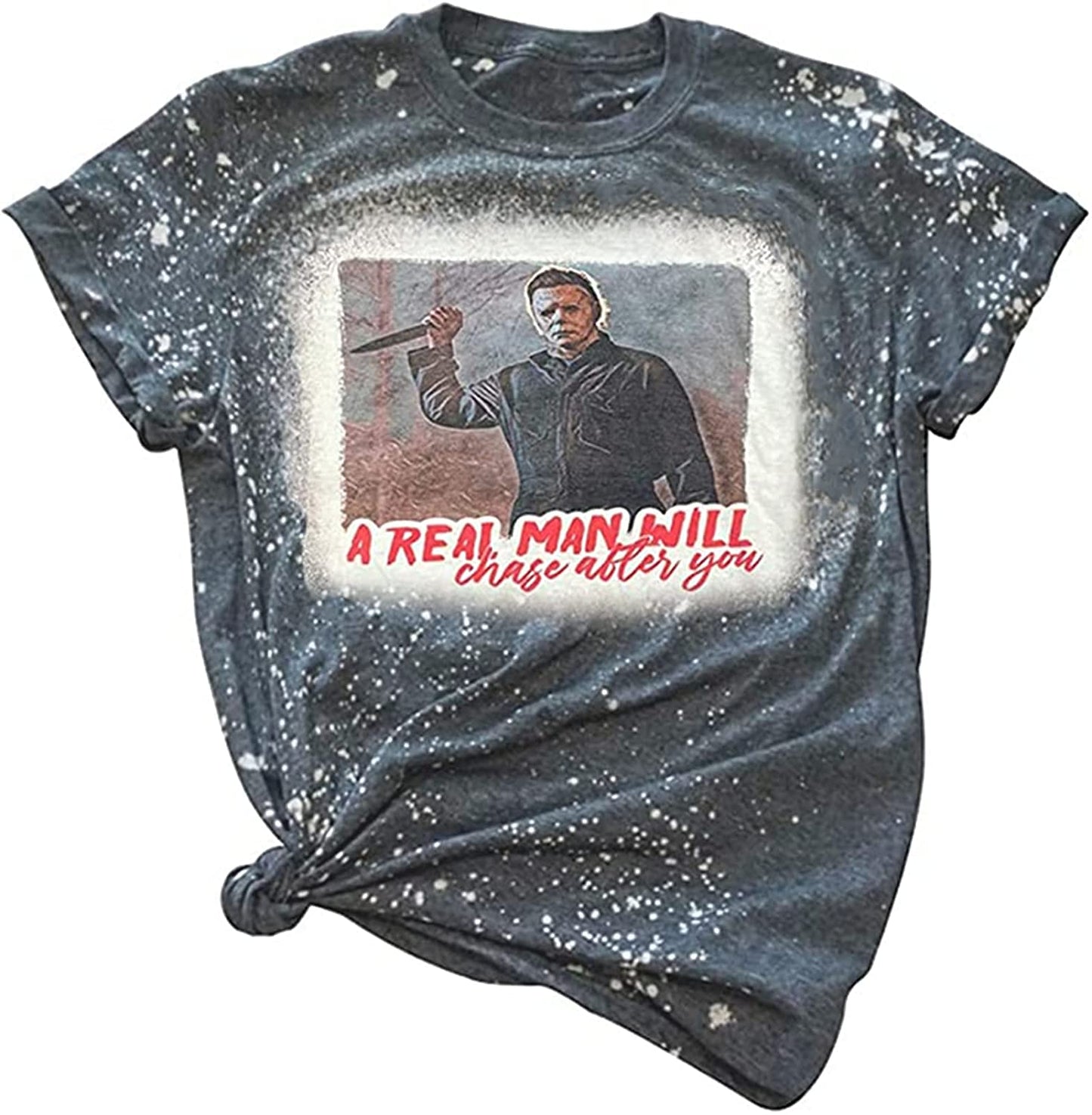 Horror Movies Bleached Tshirt Women Funny Letter Print Halloween Party Shirt Michael Myers Novelty Graphic Tee Tops (XXL, Gray)