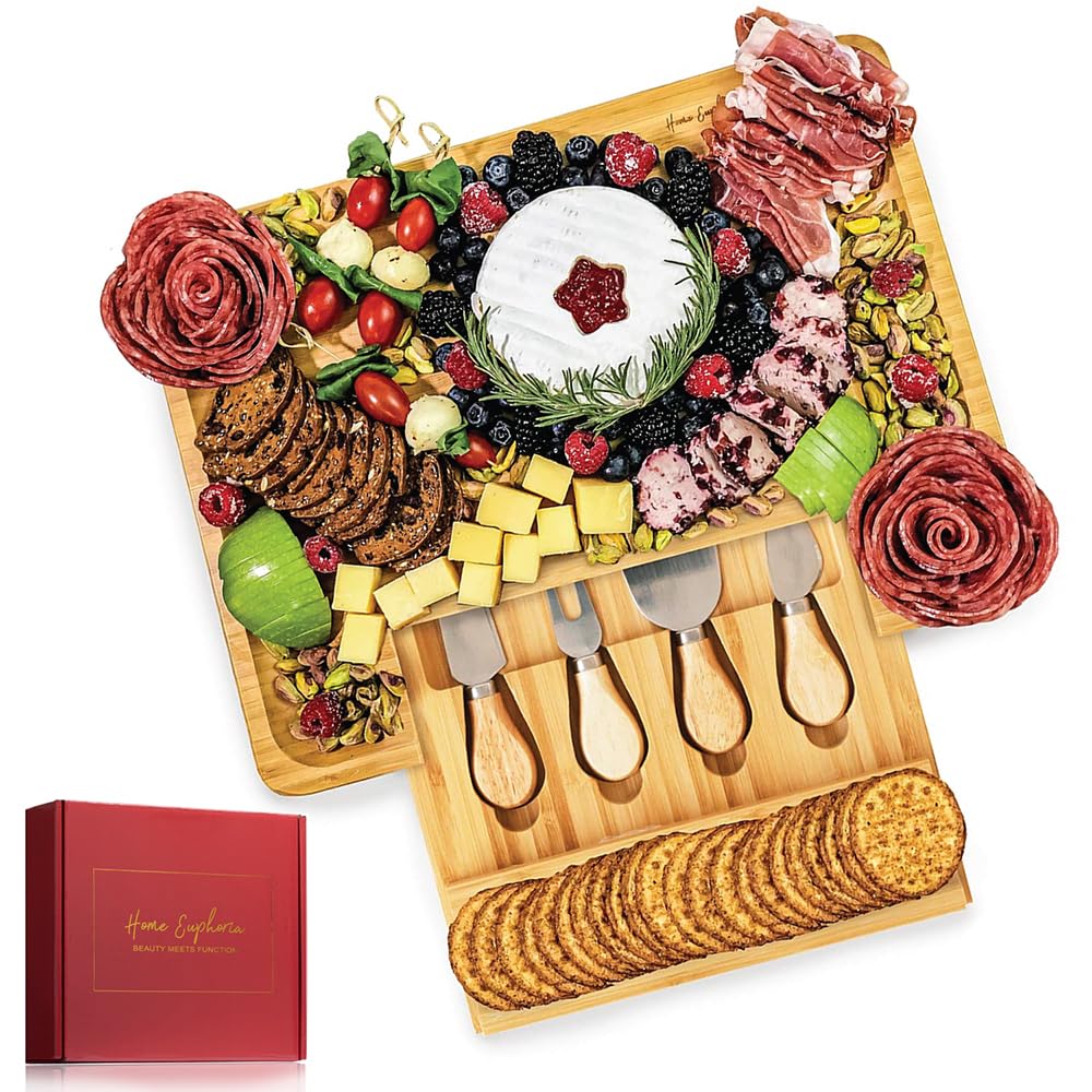 Bamboo Cheese Board and Knife Set - Beautiful Charcuterie Board for Wine, Cheese, and Gifts