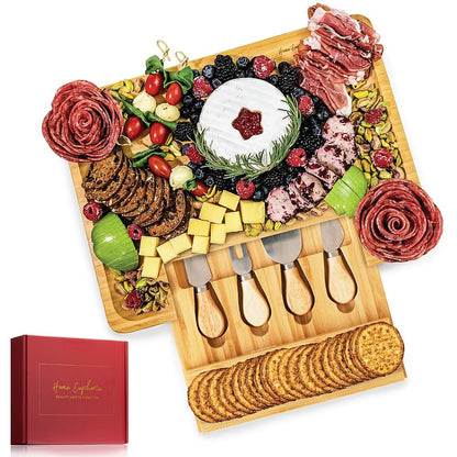 Bamboo Cheese Board and Knife Set - Beautiful Charcuterie Board for Wine, Cheese, and Gifts
