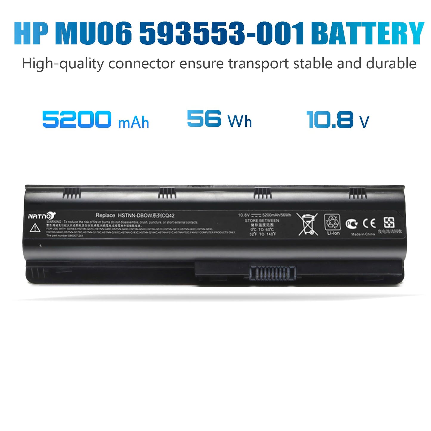 593553-001 593554-001 MU06 MU09 Extended Laptop battery for HP Pavilion G6 G7 G62 G72 G4 / 2000 Notebook PC / DV6 DV7 DM4 / Compaq Presario CQ32 CQ42 CQ43 CQ56 CQ57 CQ62 CQ72[10.8V 5200mAh 6Cell]