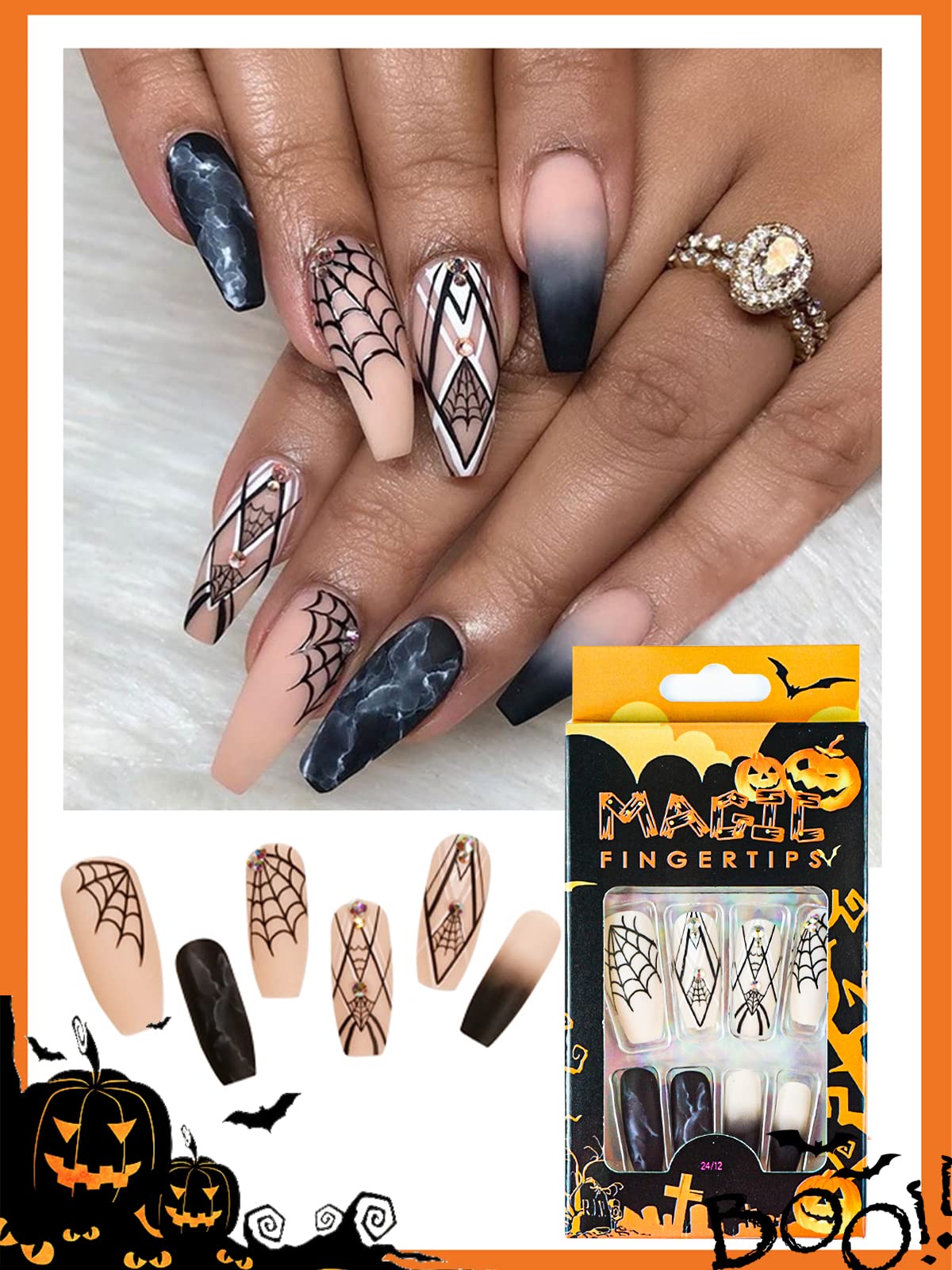 96 Pcs Halloween Press on Nails, Wsimily Halloween Long Coffin Acrylic Artificial False Nails Fake Nail with 96 Pcs Nail Adhesive Tabs, Pumpkin Spider Bat Design for Women Girl Nail Art Decoration
