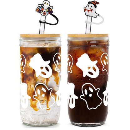 ANOTION Halloween Cups, Ghost Decor 24 oz Mug Mason Jar Glass Cups with Lids and Straws Ghost Tumblers Coffee Cups Cookie Jar Glasses Glassware Drinking Glasses Halloween Decorations Indoor