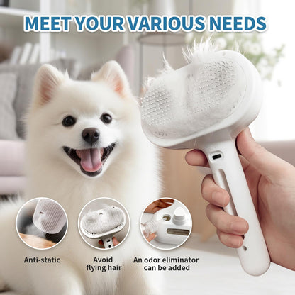 Herokitty 3 In 1 Self Cleaning Steamy Pet Brush - Anti-Static, Grooming Tool for Long and Short Hair Pets, Removes Loose Hair and Reduces Shedding, White