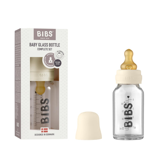BIBS Baby Glass Bottle Complete Set 110 ml | BPA Free Natural Rubber | Made in Denmark | Ivory