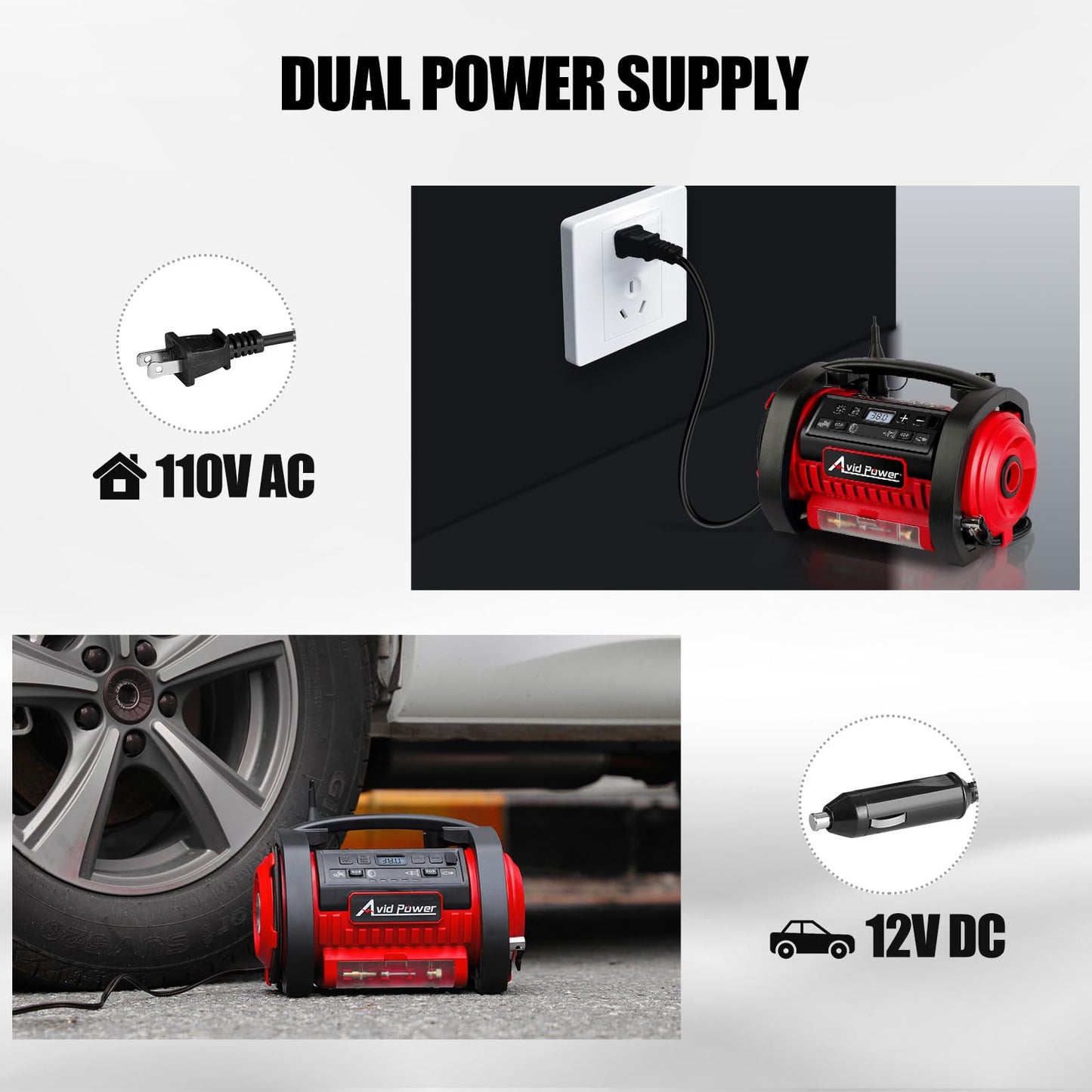 AVID POWER Tire Inflator Portable Air Compressor, 12V DC 110V AC Car Tire Pump, Air Mattress Pump with Inflation and Deflation Modes, Dual Powerful Motors, Digital Pressure Gauge