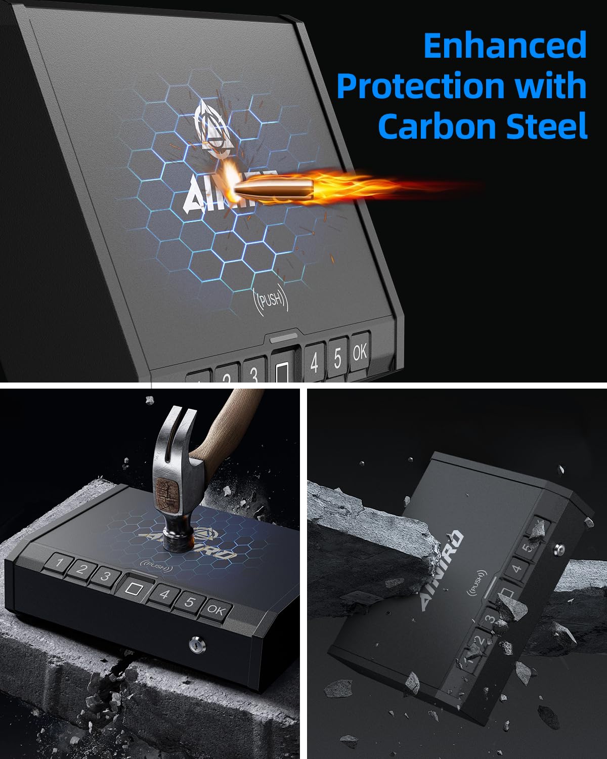 AINIRO Gun Safe for Pistols - Biometric Gun Safe for Handgun, Quick-Access Gun Lock with Fingerprint Identification or Key Pad, Storage Home Bedside Nightstand Car