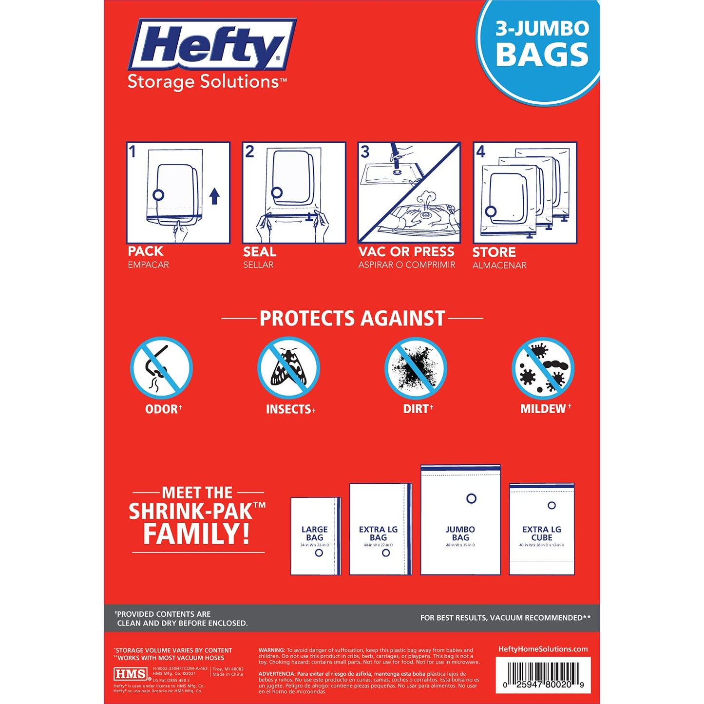 Hefty Shrink-Pak Vacuum Storage Bags - Space Saver for Under Bed Storage, Clothing and Comforters, Odor Resistant, 3X More Storage Space - 3 Jumbo Bags