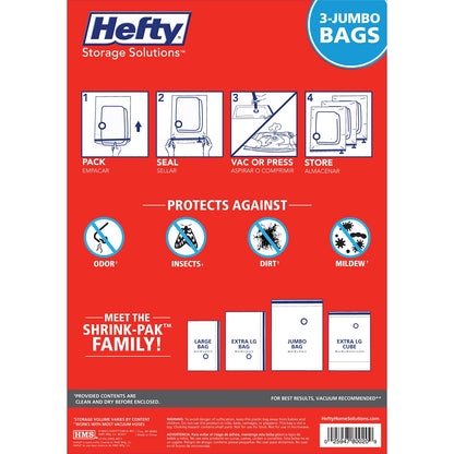 Hefty Shrink-Pak Vacuum Storage Bags - Space Saver for Under Bed Storage, Clothing and Comforters, Odor Resistant, 3X More Storage Space - 3 Jumbo Bags