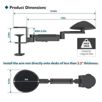 BONTEC Adjustable Arm Rest for Desk, Ergonomic Elbow Rest Pad, 360° Rotating & Extendable Desk Arm Support, Durable Aluminum, Keyboard & Computer Arm Rest Pad, Office & Gaming Desk Accessories