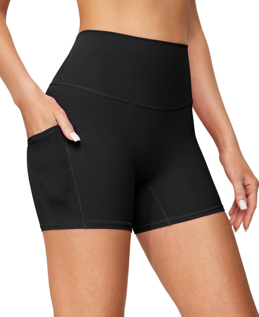 IUGA Biker Shorts Women with Pockets No Front Seam 4" Yoga Spandex Shorts Women Workout Running High Waisted Tummy Control Black