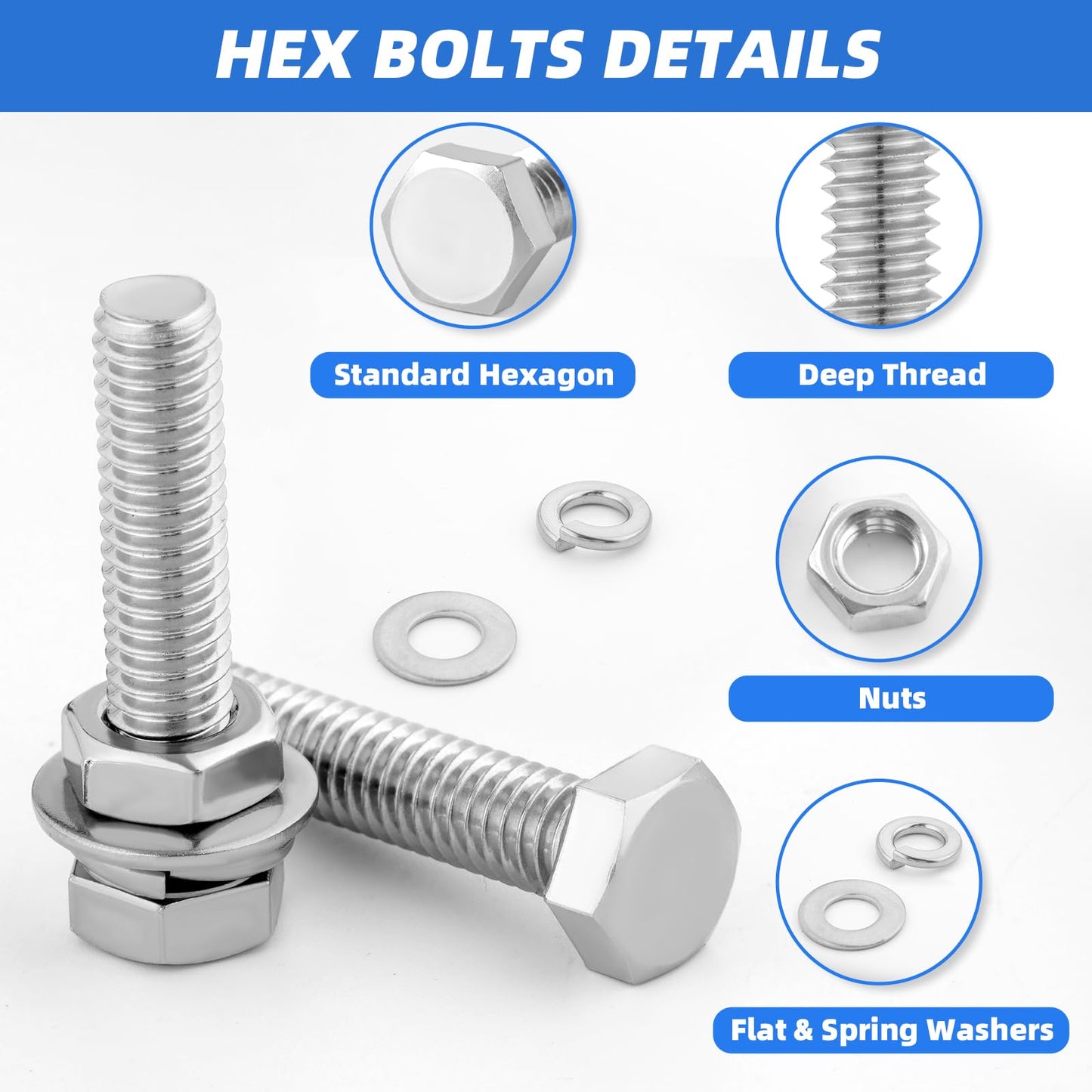 Besitu 252Pcs Hex Bolts and Nuts Assortment Kit, 1/4-20, 5/16-18, 3/8-16 Assorted Bolts Nuts and Washers Kit, 304 Stainless Steel Machine Screw Sets with Case