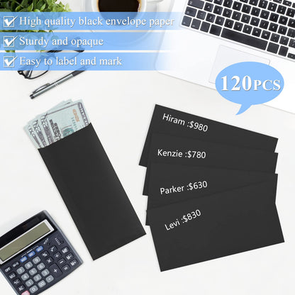 BONUS++ Envelope Set - 120 Envelopes for Cash, Checks, & Tickets; 80GSM, 3.2x6.6 inch Black Envelopes - Perfect for Cash Challenge Savers