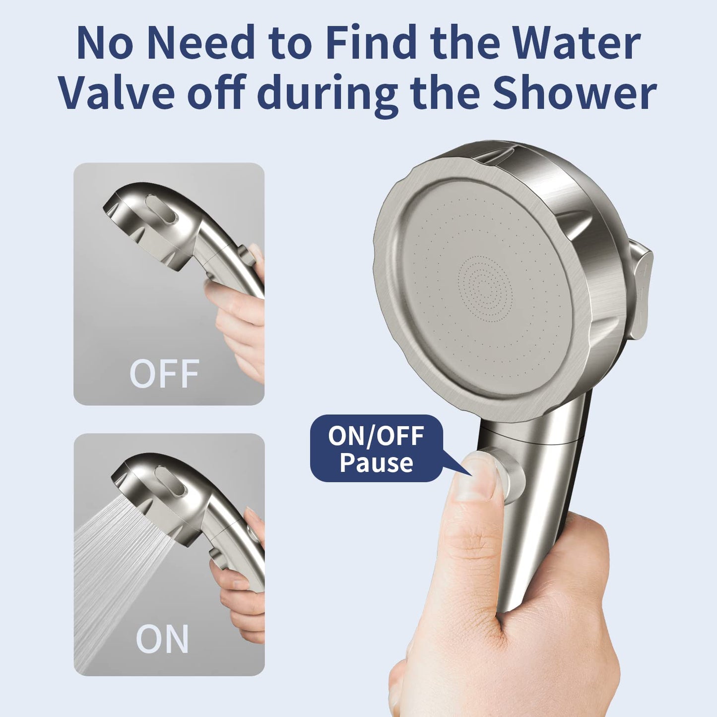HANLIAN High Pressure Shower Head with Pause Button, 3 Spray Modes Shower Head for RV Camper, Water Saving On Off Shower, Handheld Shower Head with Hose and Self-adhesive Holder (Brushed Nickel)