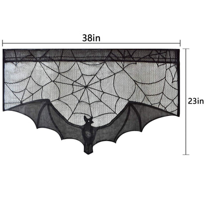 ZeeDix 2 Pcs Halloween Black Lace Bat Window Curtains- Spiderweb Tablecloth Bat Shower Curtain Window Valance Spider Cobweb Fireplace Mantles Scarf for Halloween Party Decor, Party Supplies