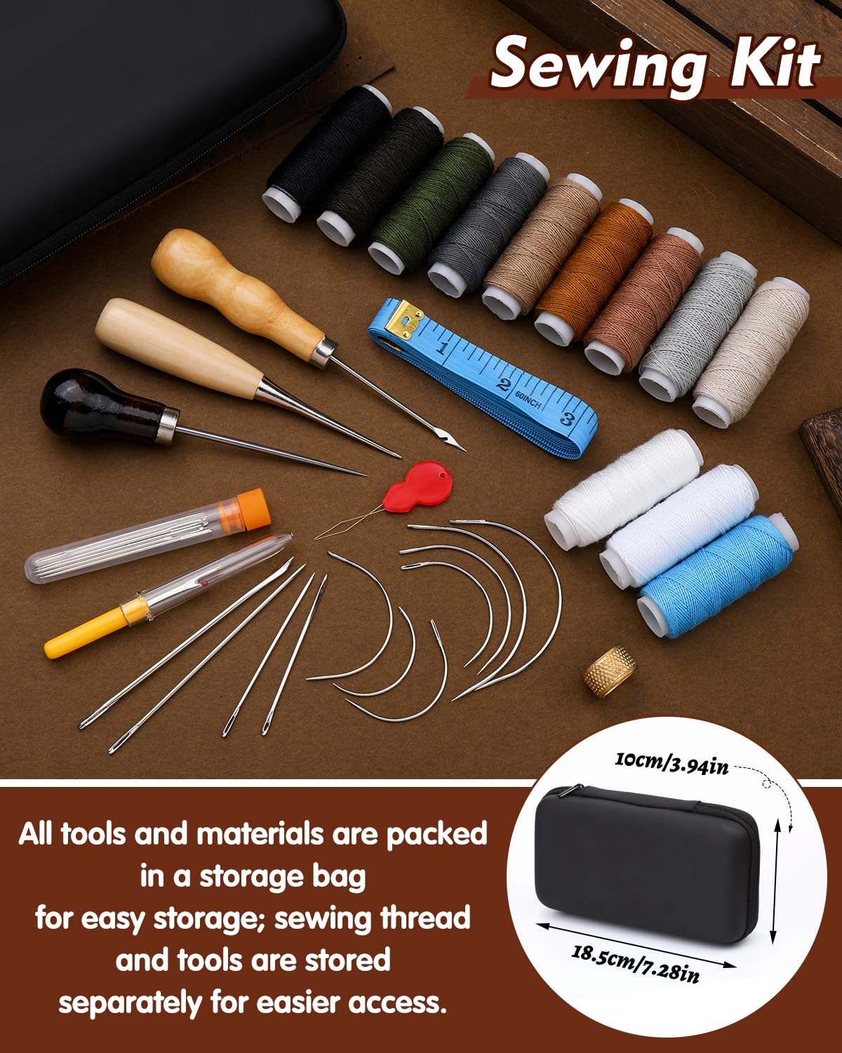 BAGERLA Heavy Duty Sewing Kit, 48pcs Needle and Thread Kit with Upholstery Thread Needles Sewing Awl Seam Ripper, Upholstery Repair Sewing Kit for Car Seats Carpets Shoes Backpacks DIY Crafting