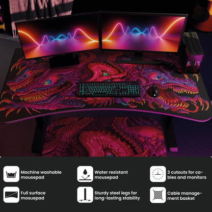 Arozzi Arena Special Edition Ultrawide Curved Gaming and Office Desk with Full Surface Water Resistant Desk Mat Custom Monitor Mount Cable Management Cut Outs - Crawling Chaos