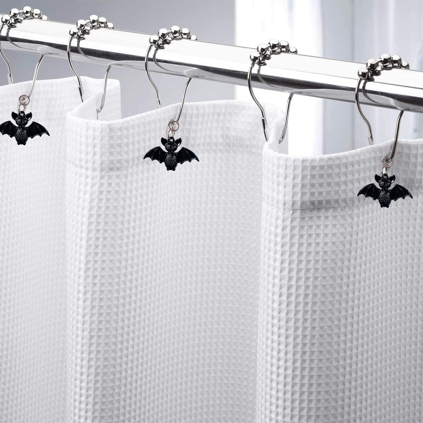 Bat Shower Curtain Hooks Rings, 12 Pcs Halloween Bats Rustproof Metal Shower Curtain Hangers for Bathroom Shower Rods, Halloween Party Theme Home Bathroom Decoration (Black)