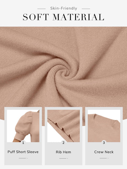 ATHMILE Women's Puff Short Sleeve Sweater Tops 2025 Spring Summer Fall Trendy Y2K Crew Neck Casual T Shirts Blouses A-Beige