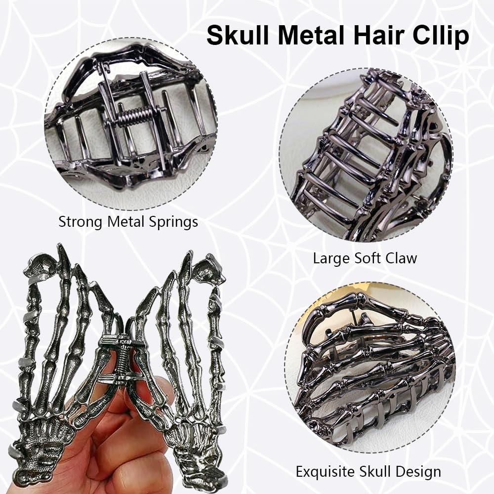 AIUPUOC Black Hair Clip with Skeleton Skull Design for Women's Hair Styling, Medium Metal Hair Claw Clips, Halloween Hair Accessories, 1 Count