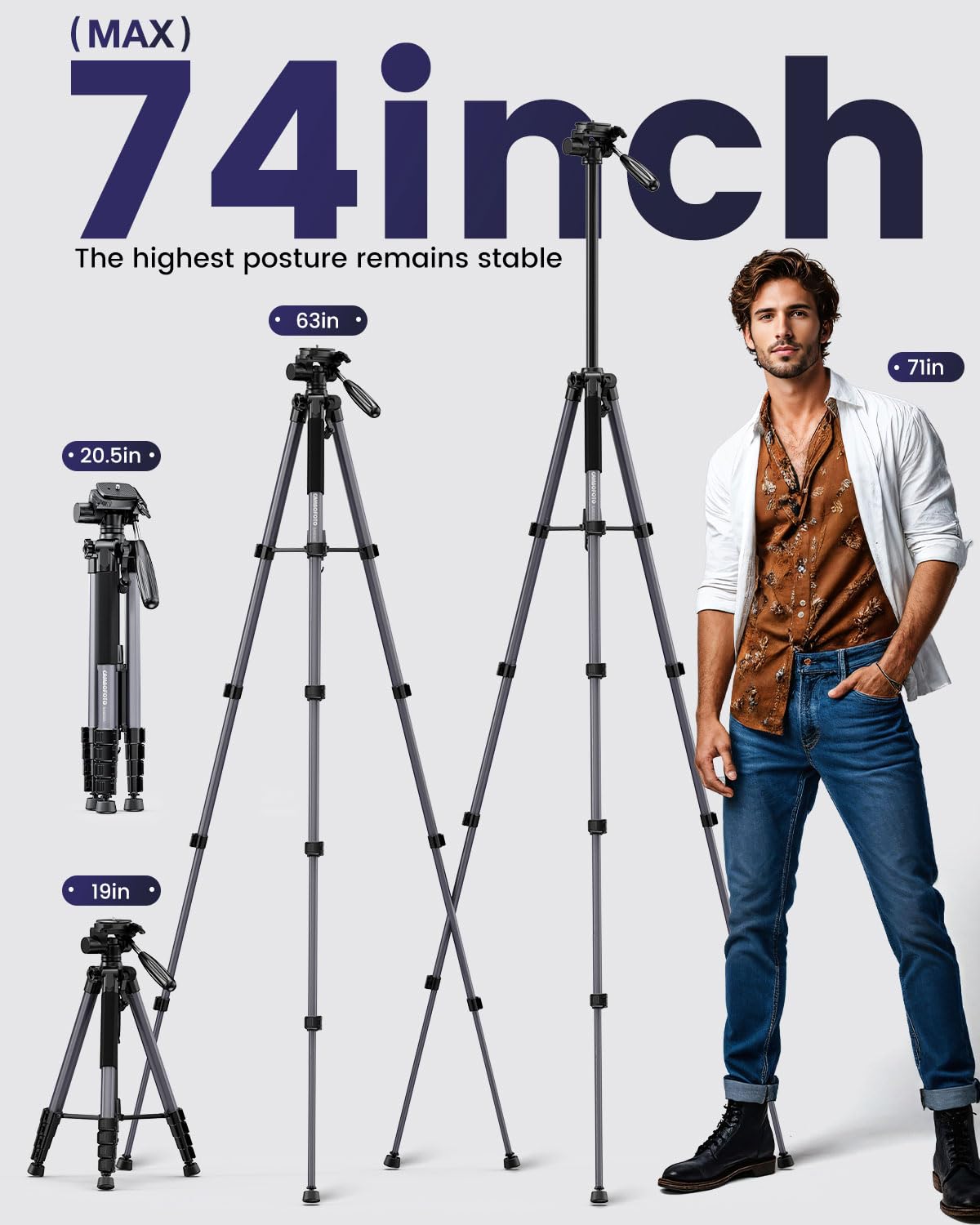CAMBOFOTO 74"-Camera-Tripod, Professional Aluminum Tripod/Leg Stand Mirrorless Camera/DSLR/Cell Phone/Camcorder/GoPro, with Phone Holder and Travel Bag (Gunmetal Gray) Weight 2.8 lbs Load 8.8 lbs