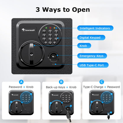 Bonsaii Large Safe Box with Fireproof Bag,2.5 Cubic Feet for home security with Electronic Keypad and Removable Shelf,Document Safe for Home,Money,Cash,Jewelry,15.7"Wx15"Dx21.7"H