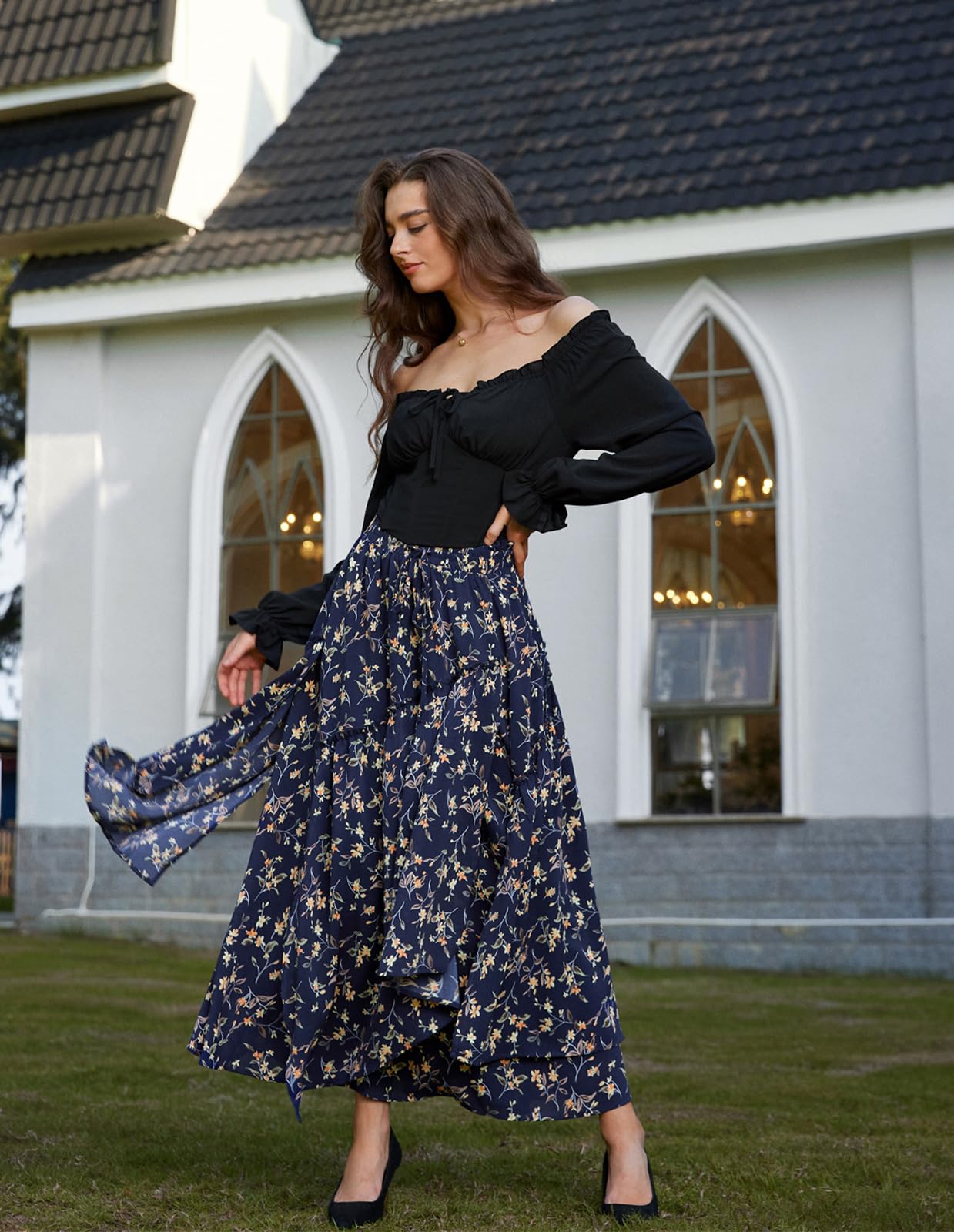 Women Floral Print Boho Skirt Elastic High Waist Long Maxi Skirts with Pockets Navy Yellow Floral L
