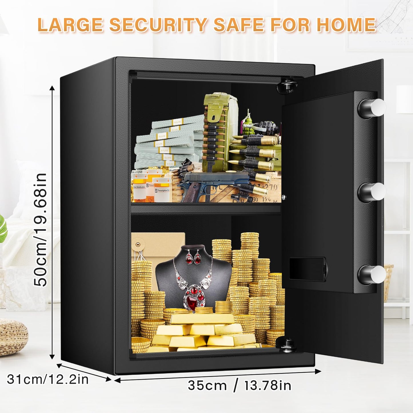 3.3 Cub Large Home Safe Fireproof Waterproof, Anti-theft Fireproof Safe Box with Programmable Keypad, Spare Keys and Removable Shelf, Digital Security Safe for Home Money Firearm Documents Medicines