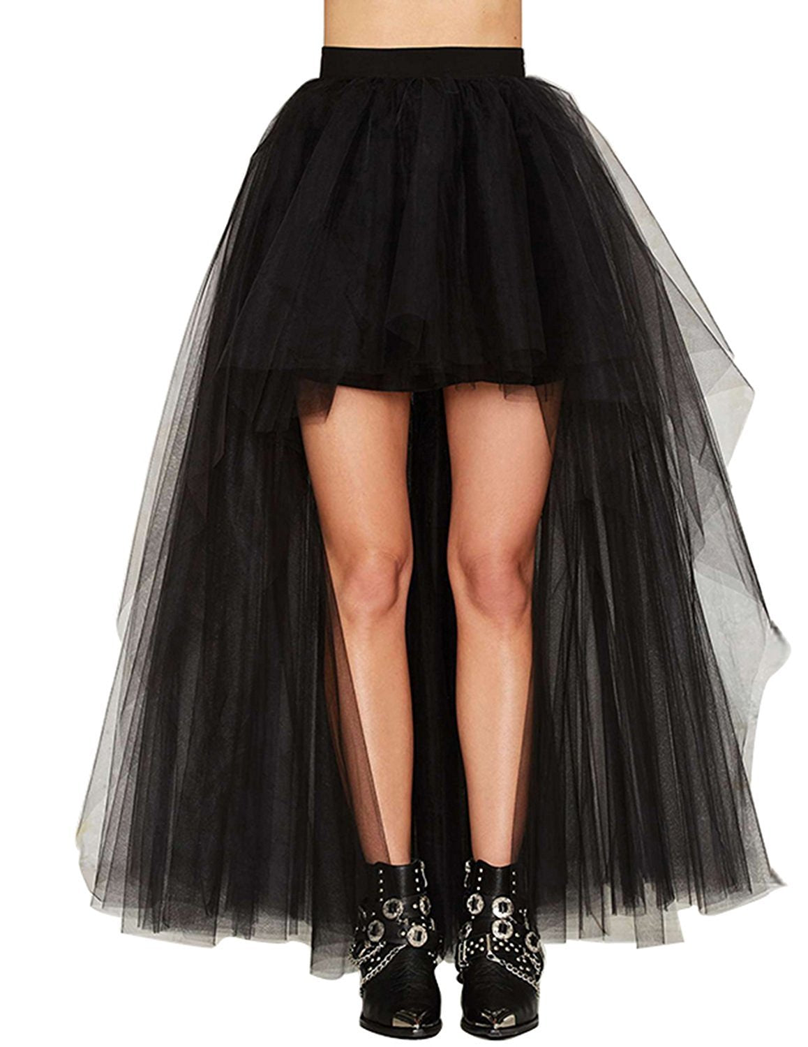 Women's High Low Long Halloween Tutu Tulle Skirt Elastic Waist Festival Party Skirt Black Tutu