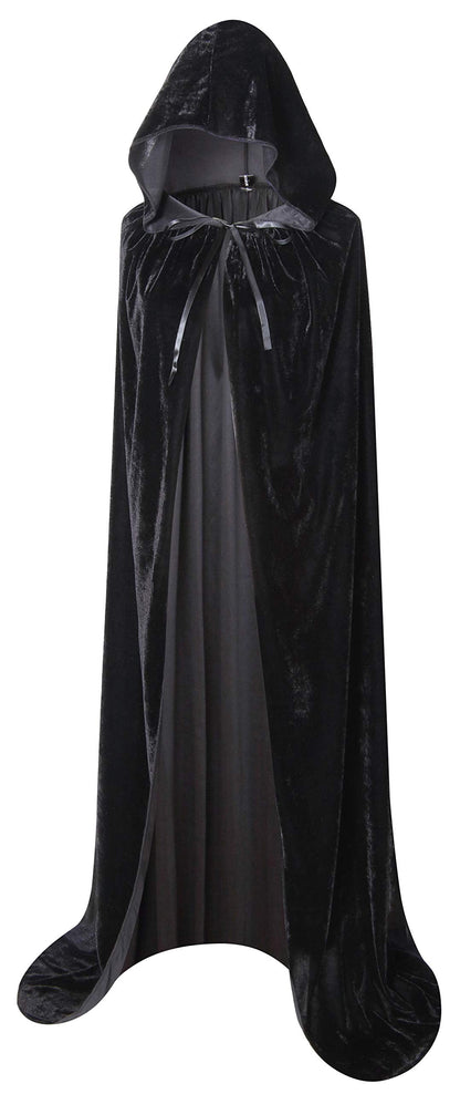 BIGXIAN Long Hooded Cloak Velvet Cape Witch Costume Halloween Costumes for Women Men (Black, Medium)