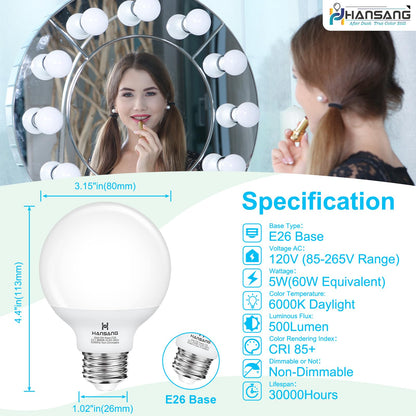 hansang 8 Pack G25 LED Vanity Light Bulbs, 6000K Cool Daylight, Globe Light Bulb 60W Incandescent Equivalent, 5W Round Light Bulb for Bathroom, E26 Standard Base, 500LM, CRI 85+, Non-Dimmable
