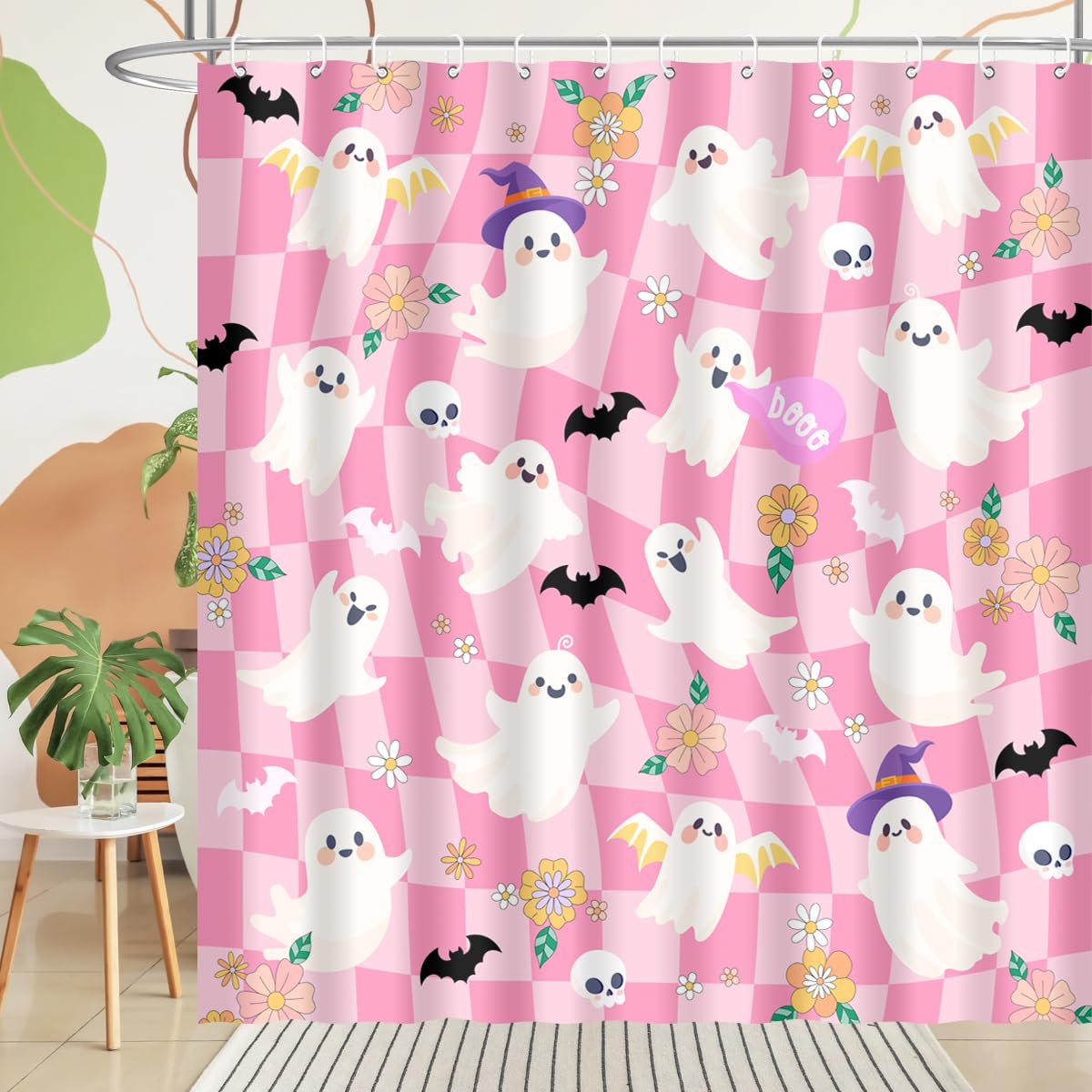 BIYSUC Halloween Ghost Shower Curtain Spooky Cute Funny Pink Checkered Retro Flower Skull Bat Trick or Treat Home Bathroom Decor Waterproof Polyester Fabric 72Lx72W Inch with Plastic Hooks