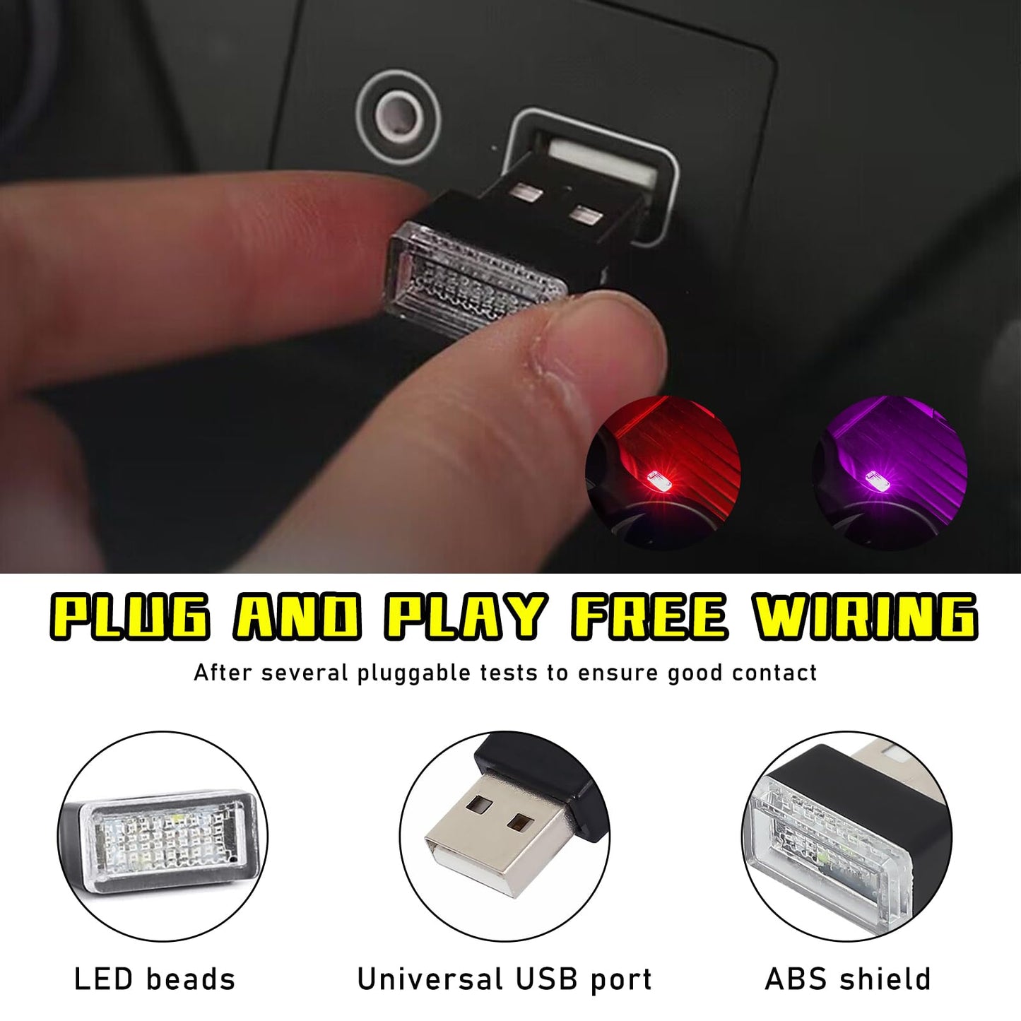 Augeny 4 PCS USB LED Car Interior Atmosphere Lamp, Plug-in USB Decor Night Light, Portable Auto Ambient Lighting Kit, Universal Vehicle Interior Accessories for Most Cars (2 Red+2 Purple)