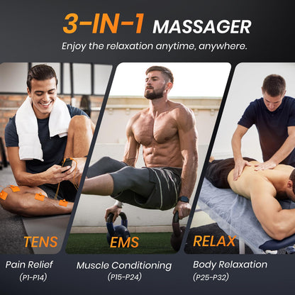 AVCOO 3-in-1 TENS Unit with 32 Modes, Dual Channel EMS Muscle Stimulator with 40 Intensities for Gradual Pain Relief Therapy, Rechargeable Electronic Pulse Massager with 12 Electrode Pads, EVA Case