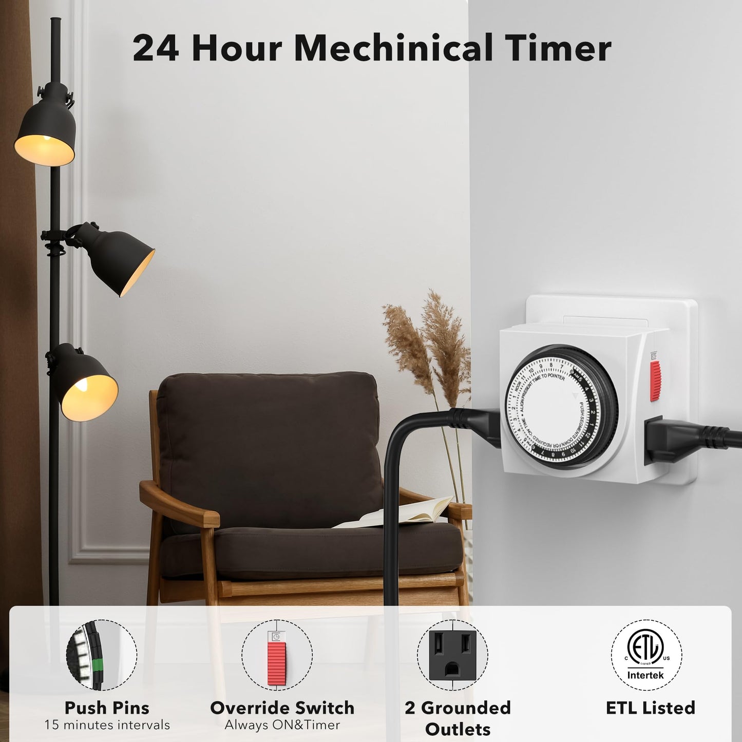 BN-LINK Heavy Duty Mechanical 24 Hour Timer Dual Outlet 3-Prong Accurate Indoor for Lamps Fans Christmas Lights White AC 1875W 1/2 HP, ETL Listed
