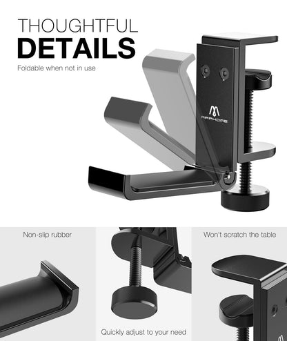APPHOME Foldable Headphone Stand Hanger Holder, Space-Saving Aluminum Soundbar Stand with Universal Fit for Gaming PC Accessories, Under Desk Clamp Hook Mount (Black-2PC)