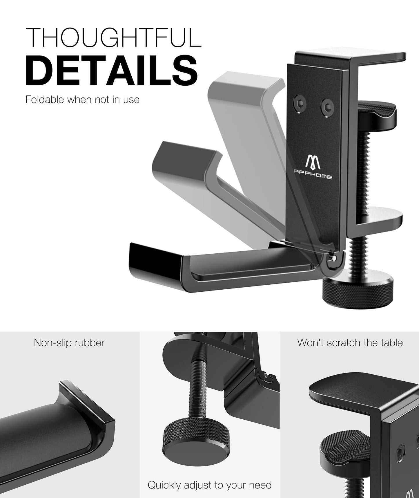 APPHOME Foldable Headphone Stand Hanger Holder, Space-Saving Aluminum Soundbar Stand with Universal Fit for Gaming PC Accessories, Under Desk Clamp Hook Mount (Black-2PC)