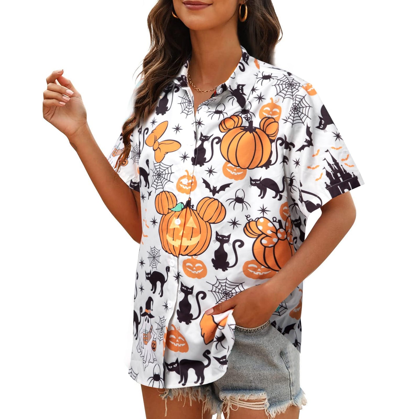 Womens Halloween Hawaiian Shirt Cute Pumpkin Spooky Castle Graphic Tee Magical Halloween Short Sleeve Button Up Tops