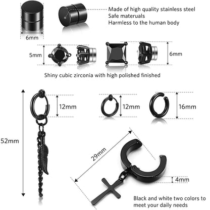 9 Pairs Magnetic Stud Earrings Stainless Steel Feather Dangle Hinged CZ Magnet Non-Piercing Cross Dangle Hoop Earring Set, Black, Stainless Steel